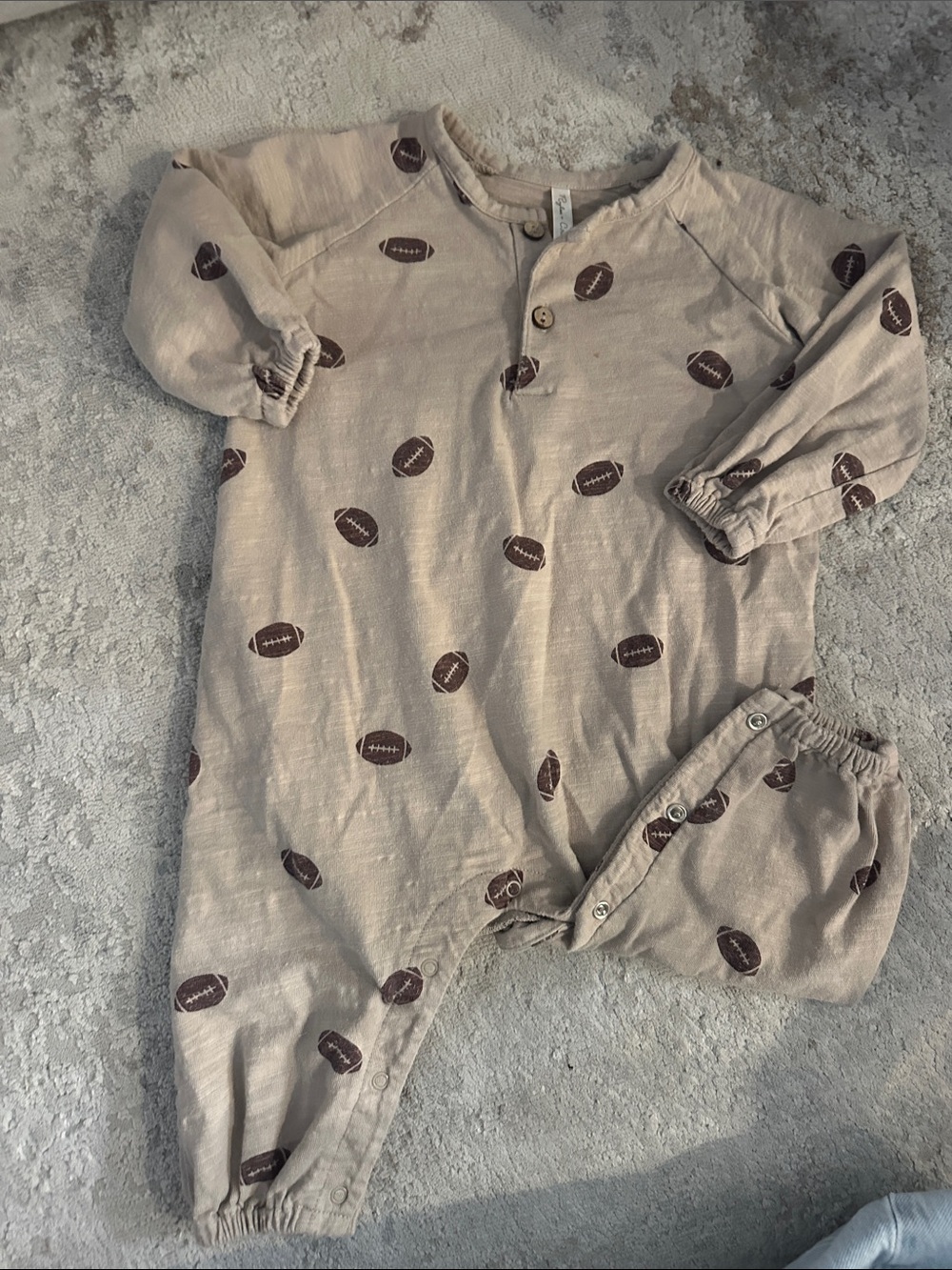 Rylee + Cru Beige One-Piece Footie with Brown Football Print